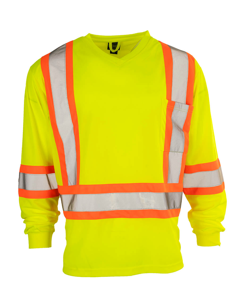 Hi Vis V-Neck Long Sleeve Safety Tee with Chest Pocket