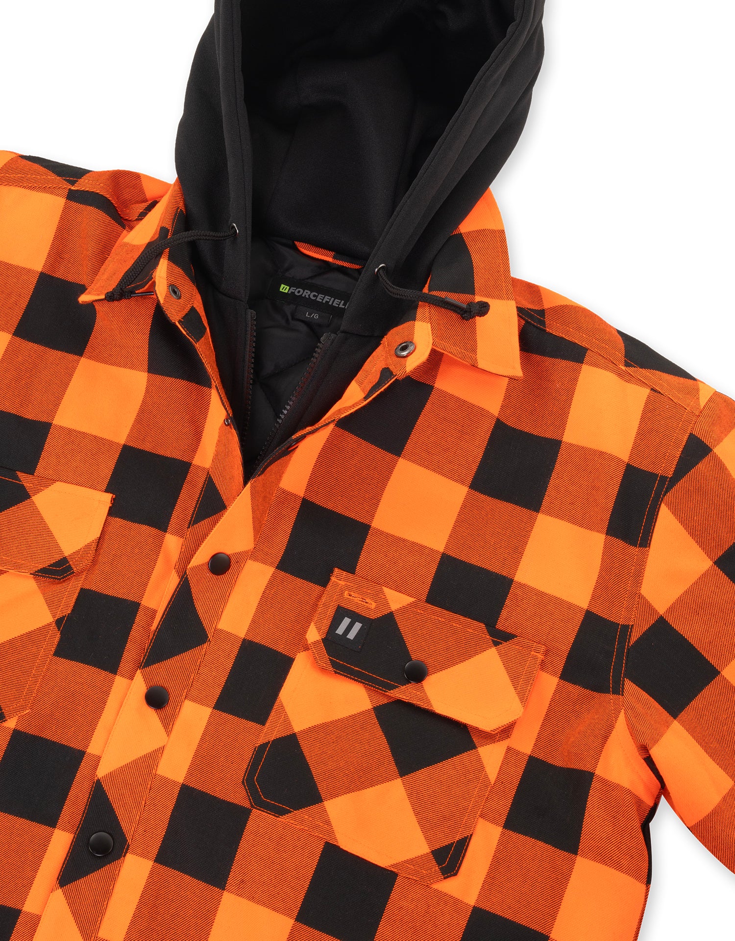 Hi Vis Orange/Black Buffalo Plaid Hooded Quilt-Lined Flannel Shirt Jacket