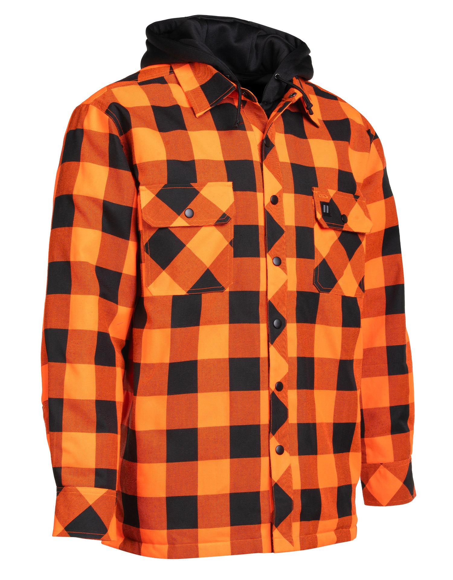 Hi Vis Orange/Black Buffalo Plaid Hooded Quilt-Lined Flannel Shirt Jacket